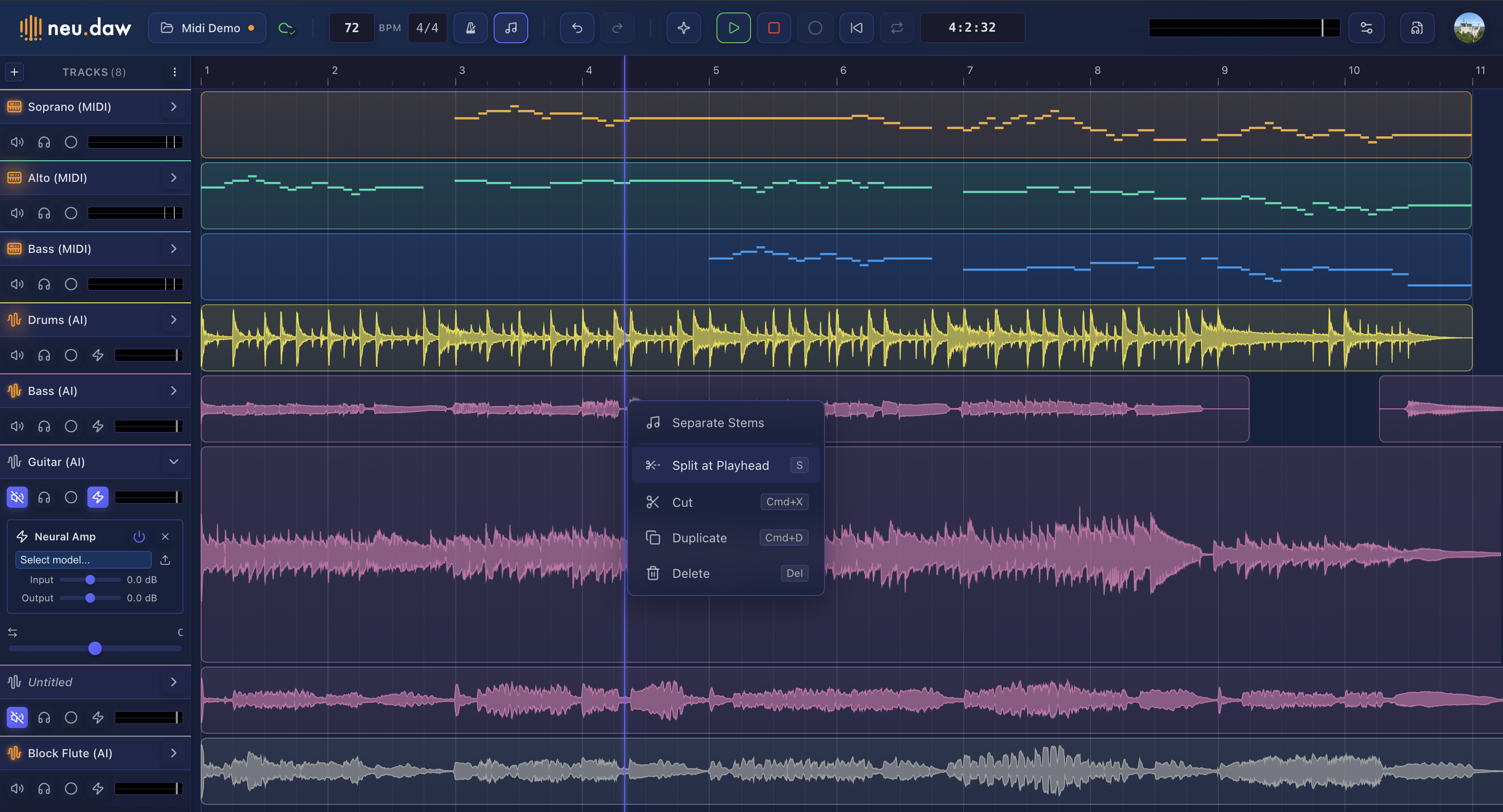 neu.daw multi-track timeline with audio waveforms, MIDI tracks, and stem separation